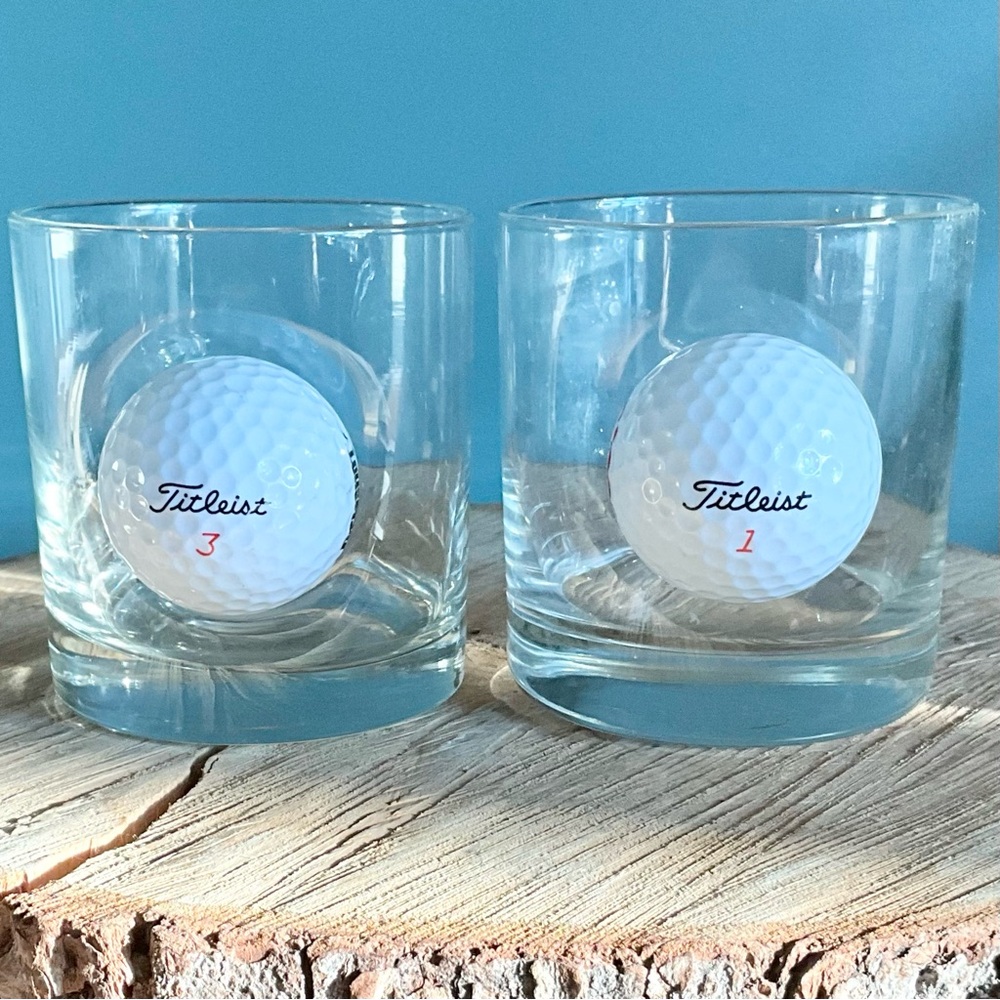 Set of 2 Titlelist Golf Ball Whiskey Rocks Glasses